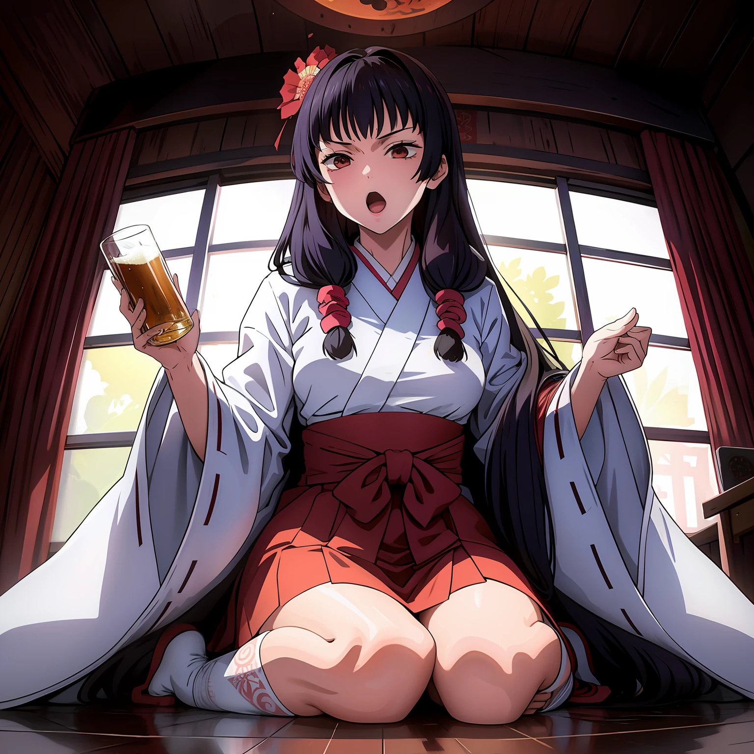 Twin-tailed、shrine maiden、bangss、Dark hair、long、masutepiece, ((hyper detailed background, Delicate pattern, intricate detailes)), (Highly detailed, Fine details), Best Quality, Beautiful lighting, ((medium breasts, Slim Girl)), Lower breast、beer、Drunk、Open mouth、sitted、Woman with beer mug、Utahime、Sit with your legs upright、songstress