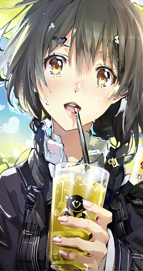 anime girl drinking drink with straw in hand, anime girls drink energy drink, soda themed girl, with a straw, anime visual of a ...