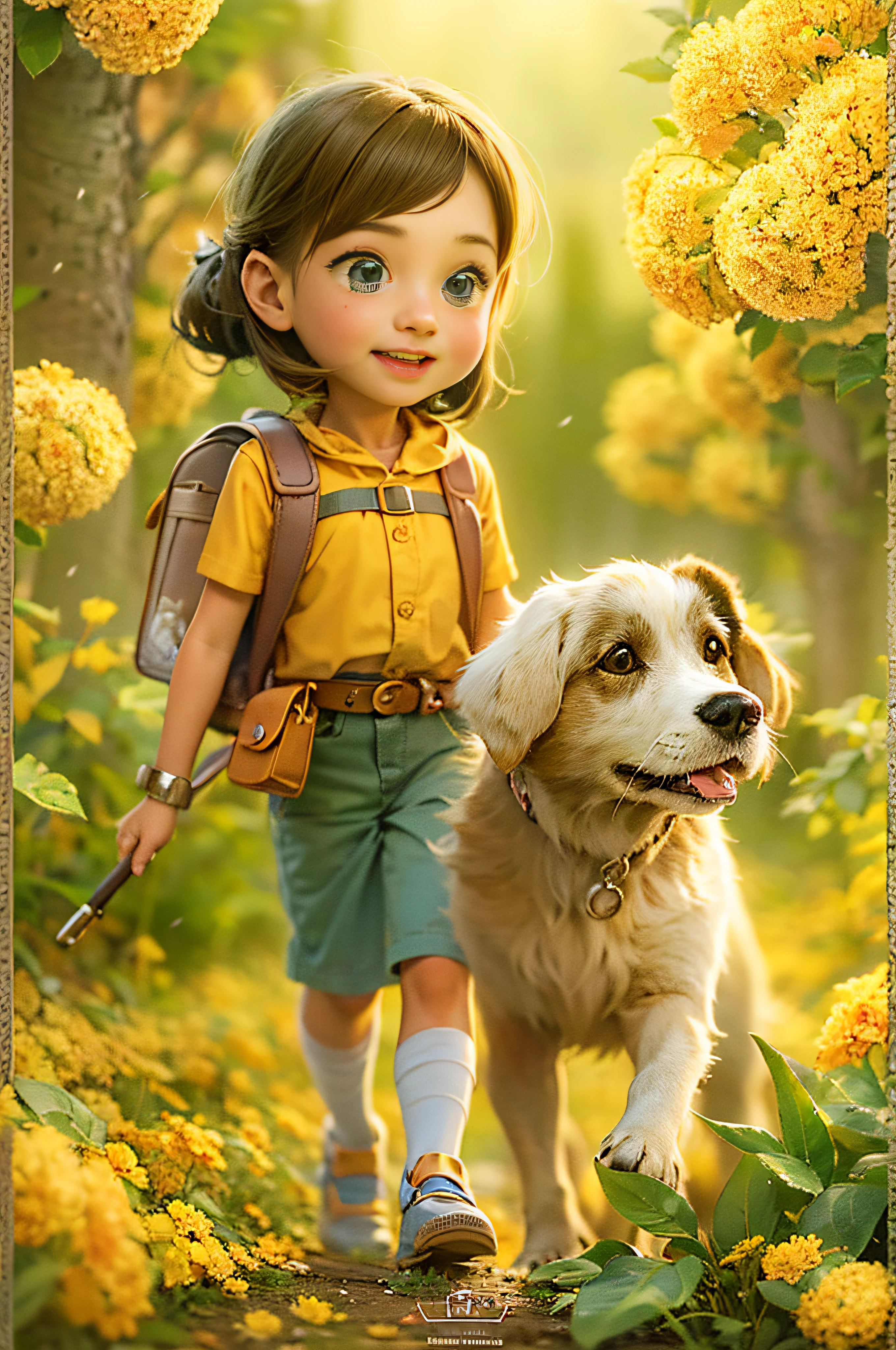 バックパックを背負ったとても魅力的な女性と彼女のかわいい犬が、美しい黄色い花と自然に囲まれた素敵な春の外出を楽しんでいます。. このイラストは、非常に詳細な顔の特徴と漫画風のビジュアルを備えた4K解像度の高精細イラストです。