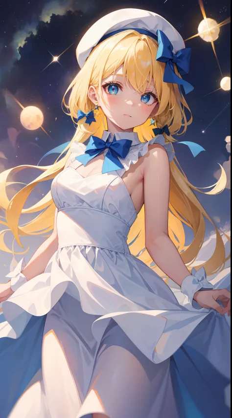 Yellow-haired，white dresses，eBlue eyes，star accessories，Blue bow tie，white beret（It has a blue bow on it），starryskybackground，meteors，4K