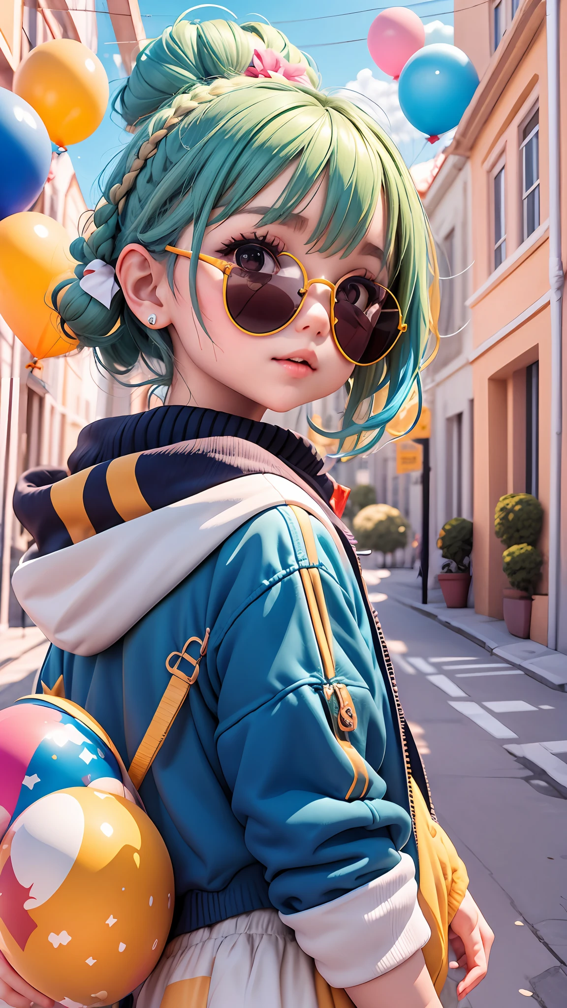  menino, bonito e fofo, wearing blue sunglasses, jaqueta amarela, moletom branco, lots of colorful balloons, babyface, Estilo Chibi, cabelo vermelho e azul bicolor, braided ponytail, olhos de detalhe perfeito, rosto delicado, CG perfeito, Qualidade de imagem HD, Colorful balloons, heaven, a white truck parked in front of a building, --auto --s2