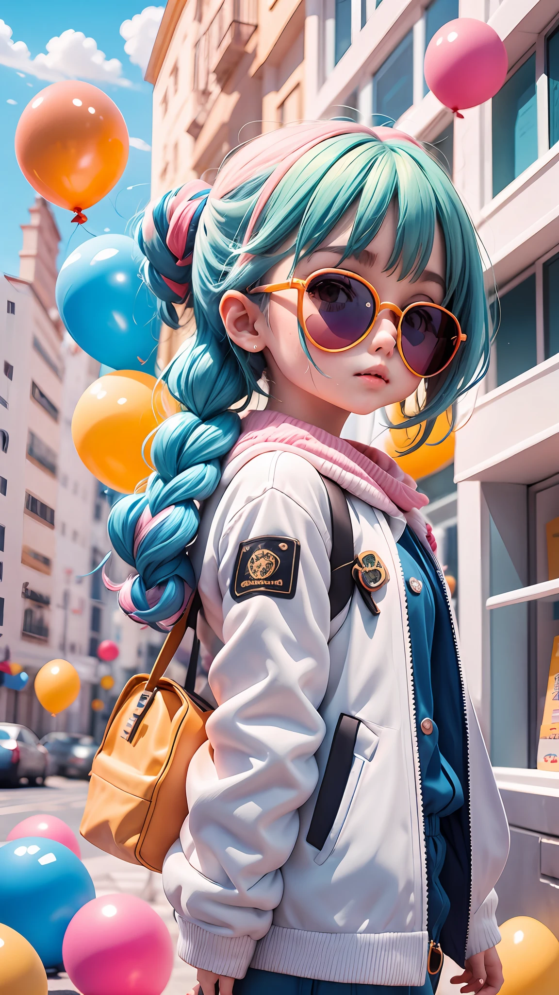 Loli menino, bonito e fofo, wearing blue sunglasses, jaqueta amarela, moletom branco, lots of colorful balloons, babyface, Estilo Chibi, cabelo vermelho e azul bicolor, braided ponytail, olhos de detalhe perfeito, rosto delicado, pele escura, CG perfeito, Qualidade de imagem HD, Colorful balloons, heaven, a white truck parked in front of a building, --auto --s2