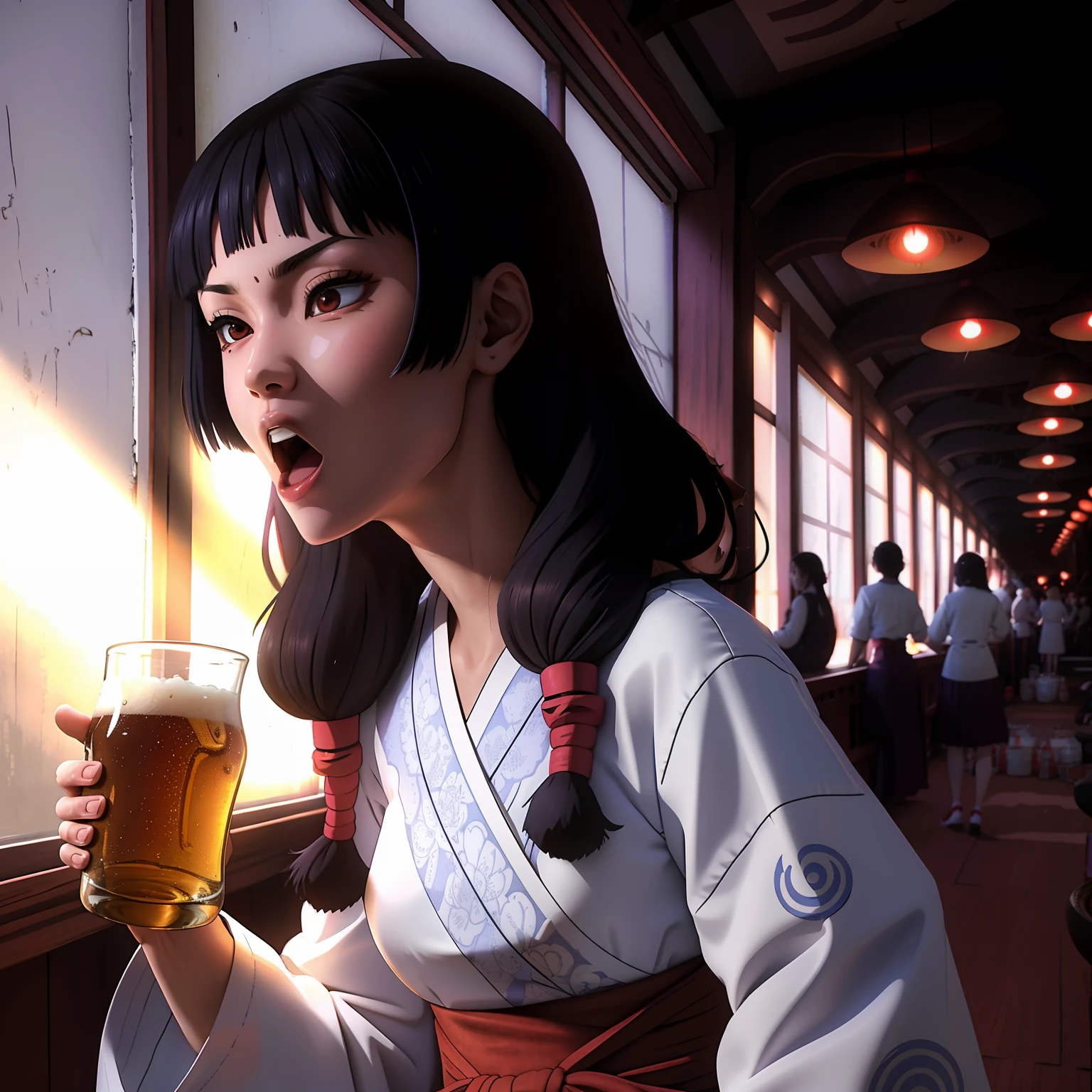 Twin-tailed、shrine maiden、bangss、Dark hair、long、masutepiece, ((hyper detailed background, Delicate pattern, intricate detailes)), (Highly detailed, Fine details), Best Quality, Beautiful lighting, ((medium breasts, Slim Girl)), beer、Drunk、Open mouth、sitted、Woman with beer mug、songstress、