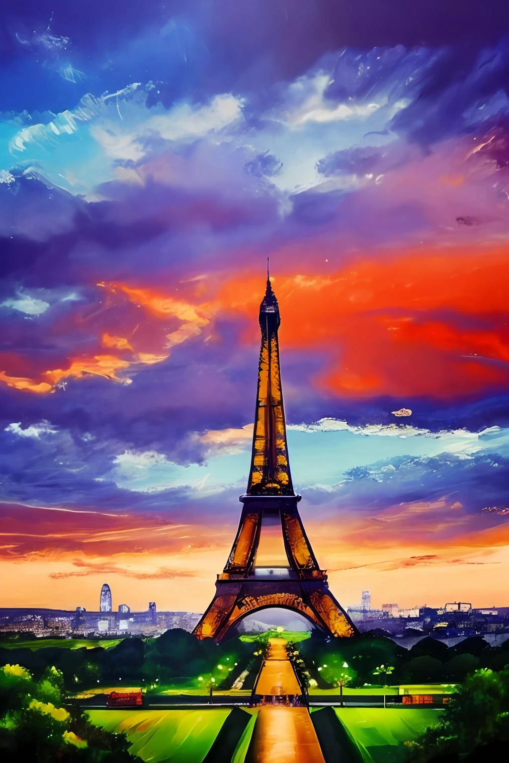 Ölgemälde des Eiffelturms, sehr detailliert, beste Qualität, 8K,Modelshooting-Stil, dramatische Beleuchtung, Drittelregel