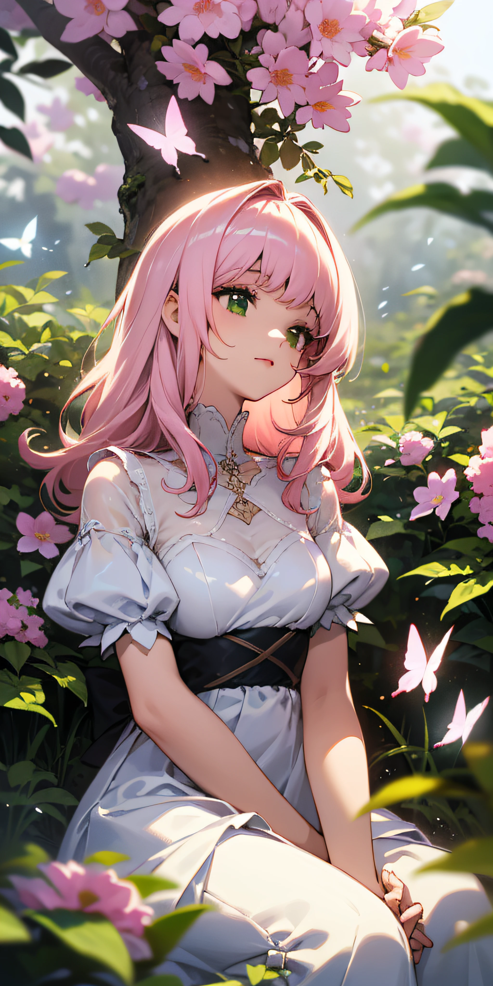 tmasterpiece，best qualtiy），1 has long pale pink hair,Girl with bangs sitting in a field of green trees and flowers，her hand under her chin，warmly lit，white dresses，Blurred foreground,exquisite detailing, There are butterflies