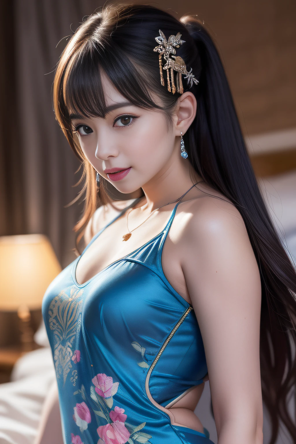 best, masterpiece, Hi-Res, 1girl, Sheer Silk Cheongsam, beauty face, hair adornments, Full Body、Eye, a smile, a closed mouth,s lips, doress,hair adornments, a necklace, Pedras preciosas, Long, 耳Nipple Ring, beauitful face,upon_body,Tindall Effect、Photorealsitic、Dark Studio、Rim Lighting、Two-tone lighting、(High Detail Skin:1.2)、8k uhd、Digital SLR、Soft Lighting、hightquality、Volume Lighting、Frankness、a picture、hight resolution、4k、8k、Bokeh