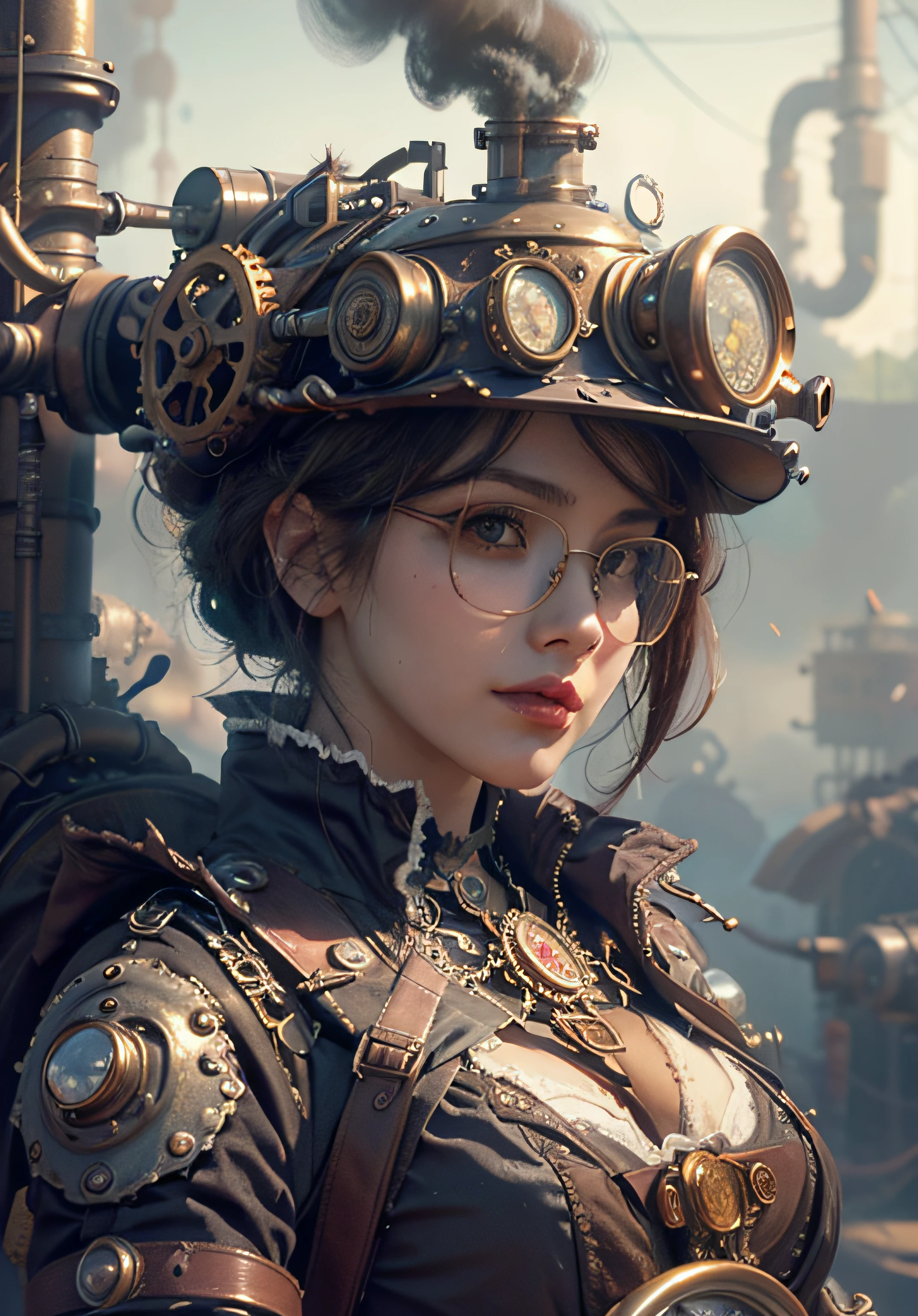 A closeup of a serious woman on the steam - punk equipment with glasses, steampunk mulher anime bonita, estilo de fantasia steampunk, cyberpunk Steampunk, uma deusa Steampunk bonita, sci-fi steampunk, arte conceitual steampunk, Wojtek FUS, Art not Guweiz style, arte steampunk digital, Cyber Steampunk 8K 3D, mulher americana Steampunk, em steampunk paisagem urbana, steampunk aesthetic, not anime