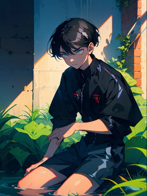 teenager with wet pants，short black hair，m bangs，blue color eyes，the expression looks angry，detest，black suit shorts，kneeling to...