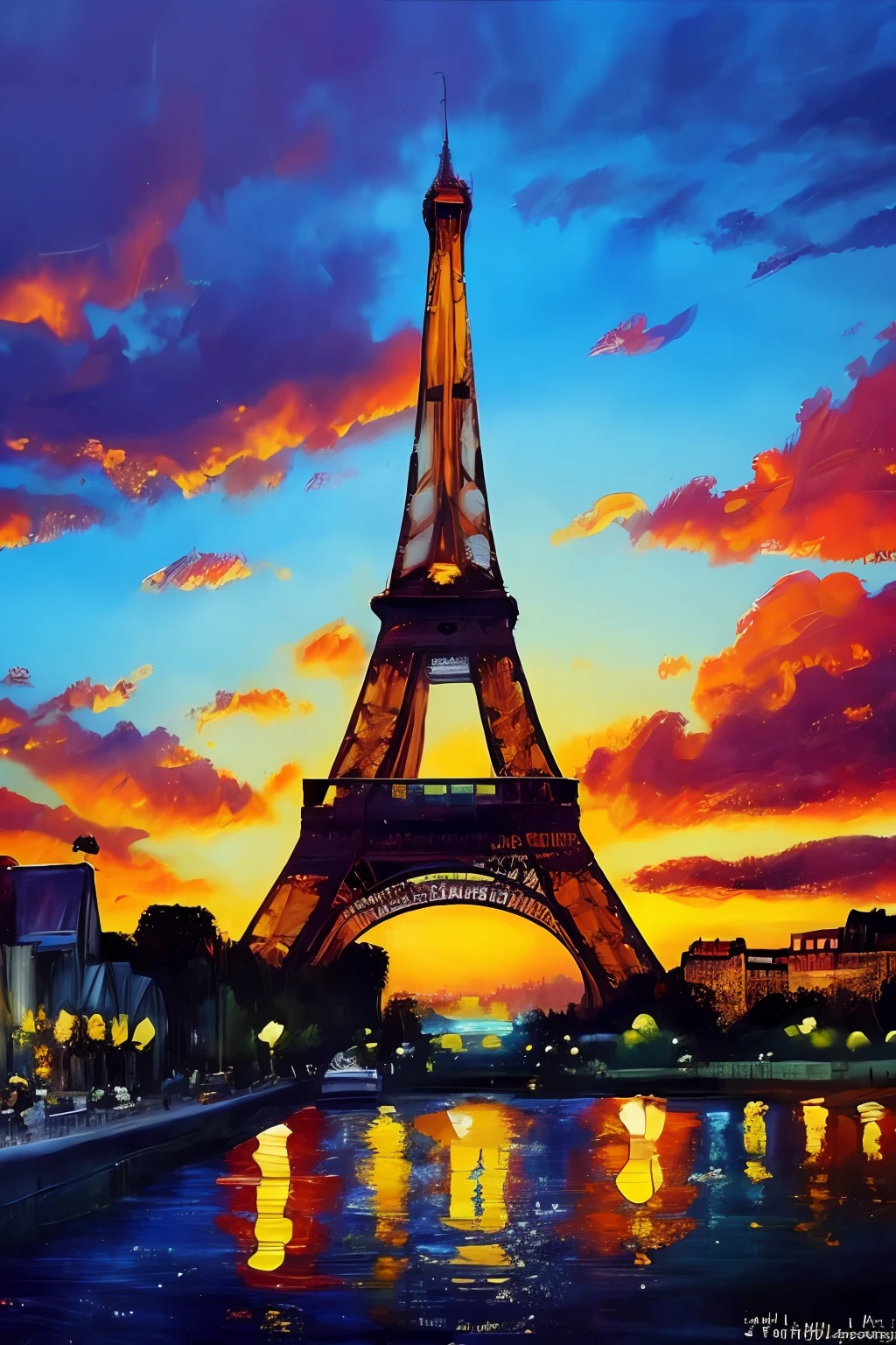 Pintura al óleo de la Torre Eiffel, muy detallado, mejor calidad, 8k,estilo de sesión de modelo, iluminación dramática, regla de tercero