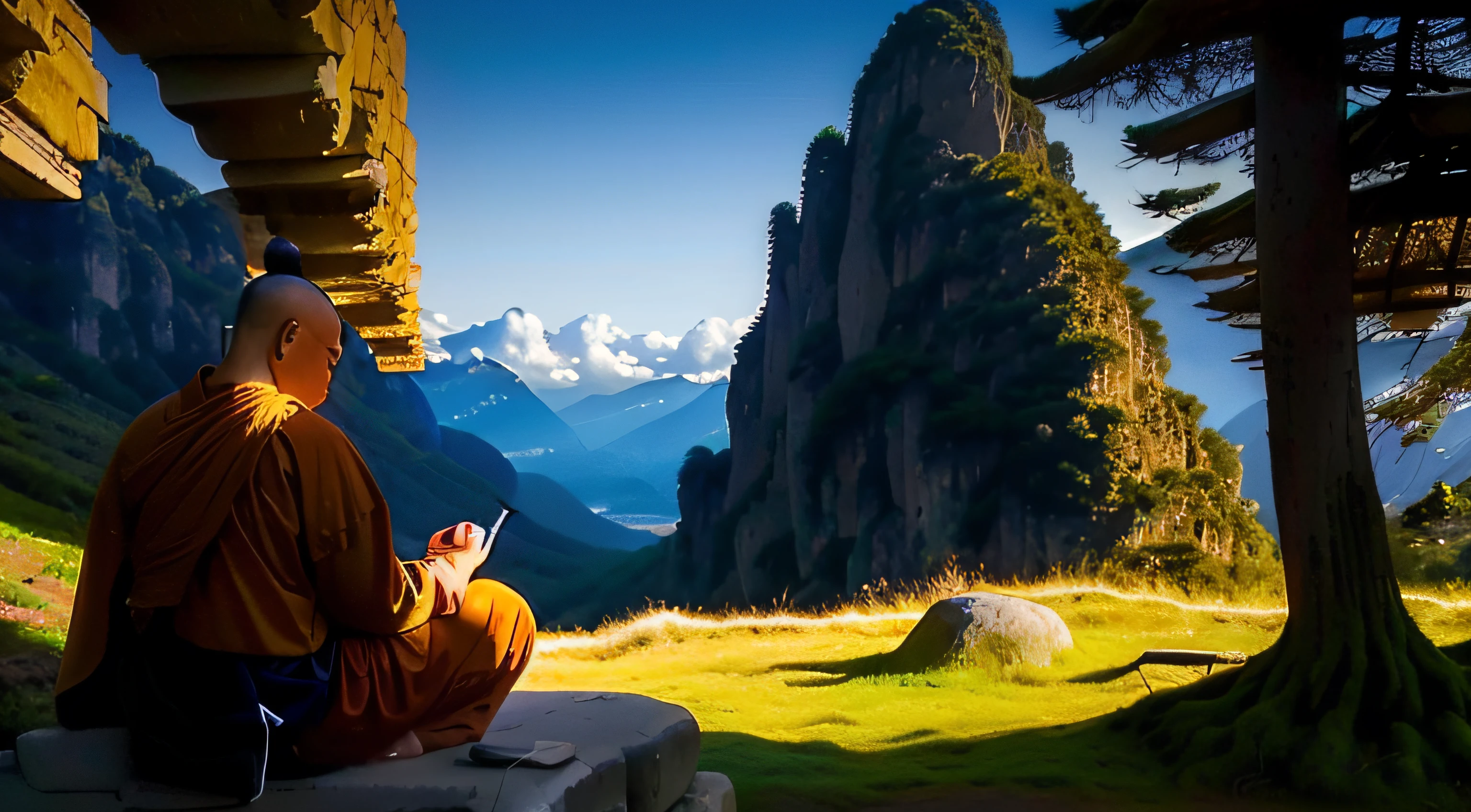 Monge Arafed sentado em uma rocha em um prado de montanha, monge meditar, Monge budista meditando, monge, on path to enlightenment, 2 1 st century monk, Monge budista, on the path to enlightenment, budista, Uplighting, Retrato do monge, amidst nature, budismo, meditation, serene expression, peaceful expression, arte conceitual de um monge, ancient japanese monk, Monges