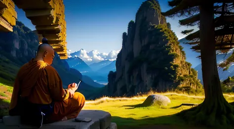 Monge Arafed sentado em uma rocha em um prado de montanha, monge meditar, Monge budista meditando, monge, on path to enlightenme...
