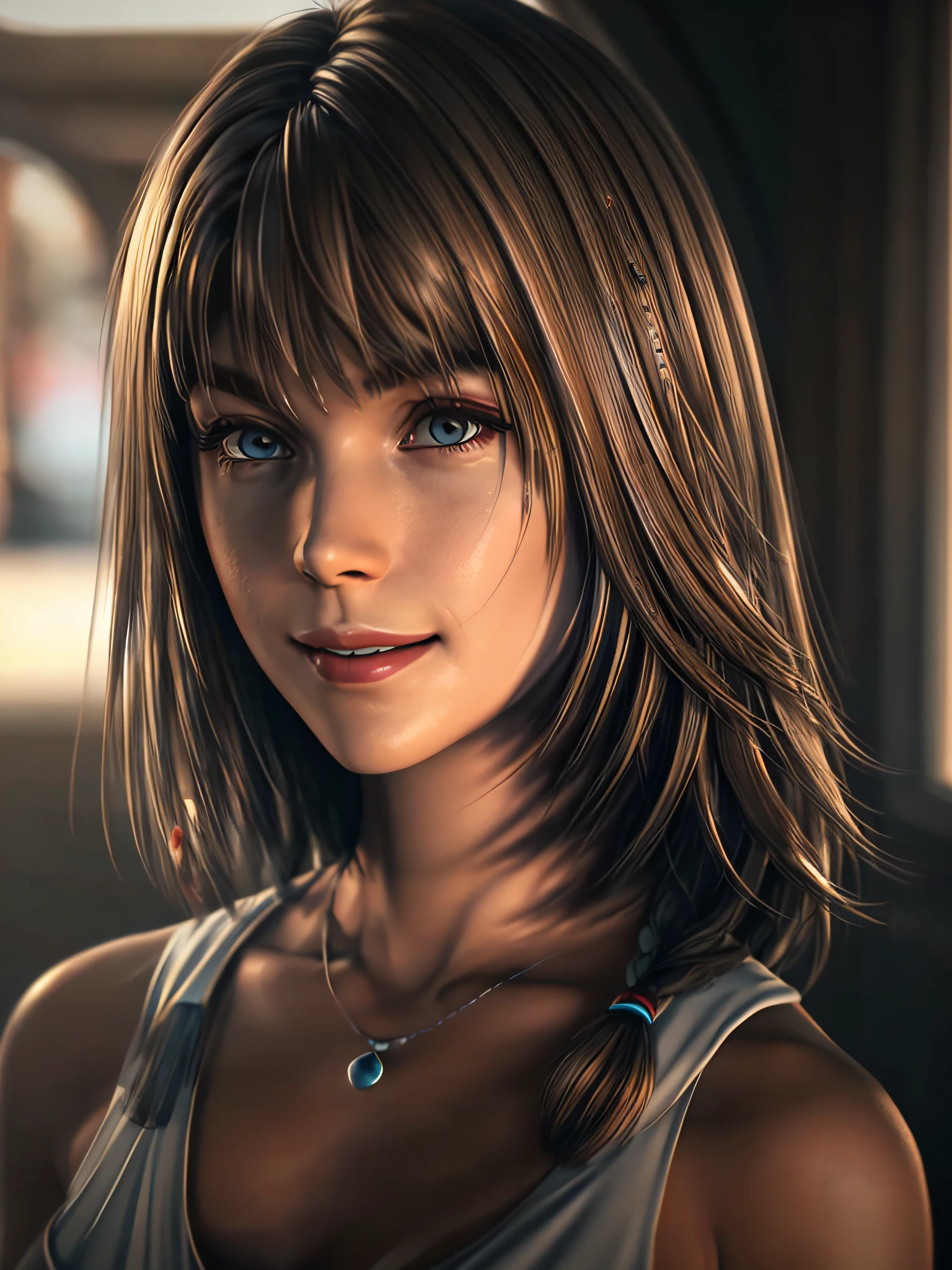 ((Best Quality:1.2, 8K, Sharp Focus, master piece: 1.2, natural Light, extremely details CG, beautiful Girl:1.2, reality, Detailed face textures, Realistic skin, beautiful makeup, octane render, magnificent, Detailed bangs)), (depth of fields), Bokeh background, Head tilt, Smile, brown long hair, side ponytail, Cowboy Shot, (plunging neckline evening dress), wind, looking at viewer