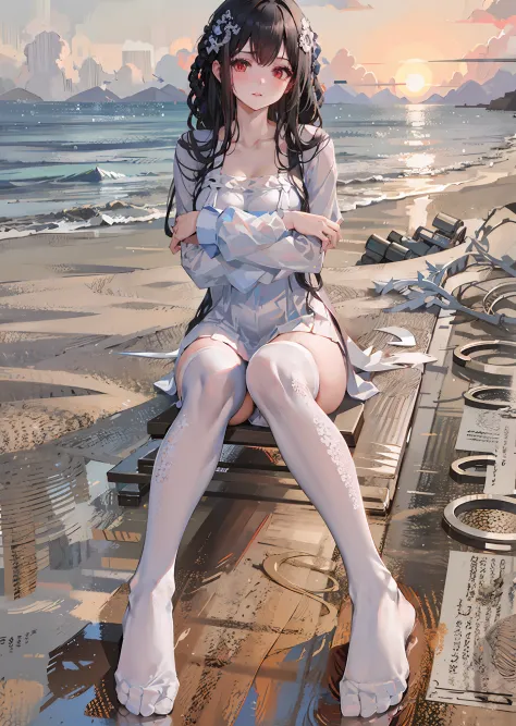 Allafed asian woman sitting on the beach，legs crossed, wearing white clothes, dressed in a white t-shirt, pretty face with arms ...