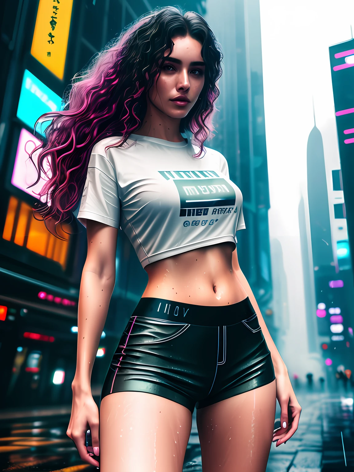 gorgeous woman with wavy hair detailed alluring eyes Thigh gap long sexy legs wearing tiny shorts tshirt in beautiful futuristic cyberpunk+ city, mist, wet, raining, best quality masterpiece, photorealistic, detailed, 8k, HDR, shallow depth of field, broad light, high contrast, backlighting, bloom, light sparkles, chromatic aberration, sharp focus, RAW color photo