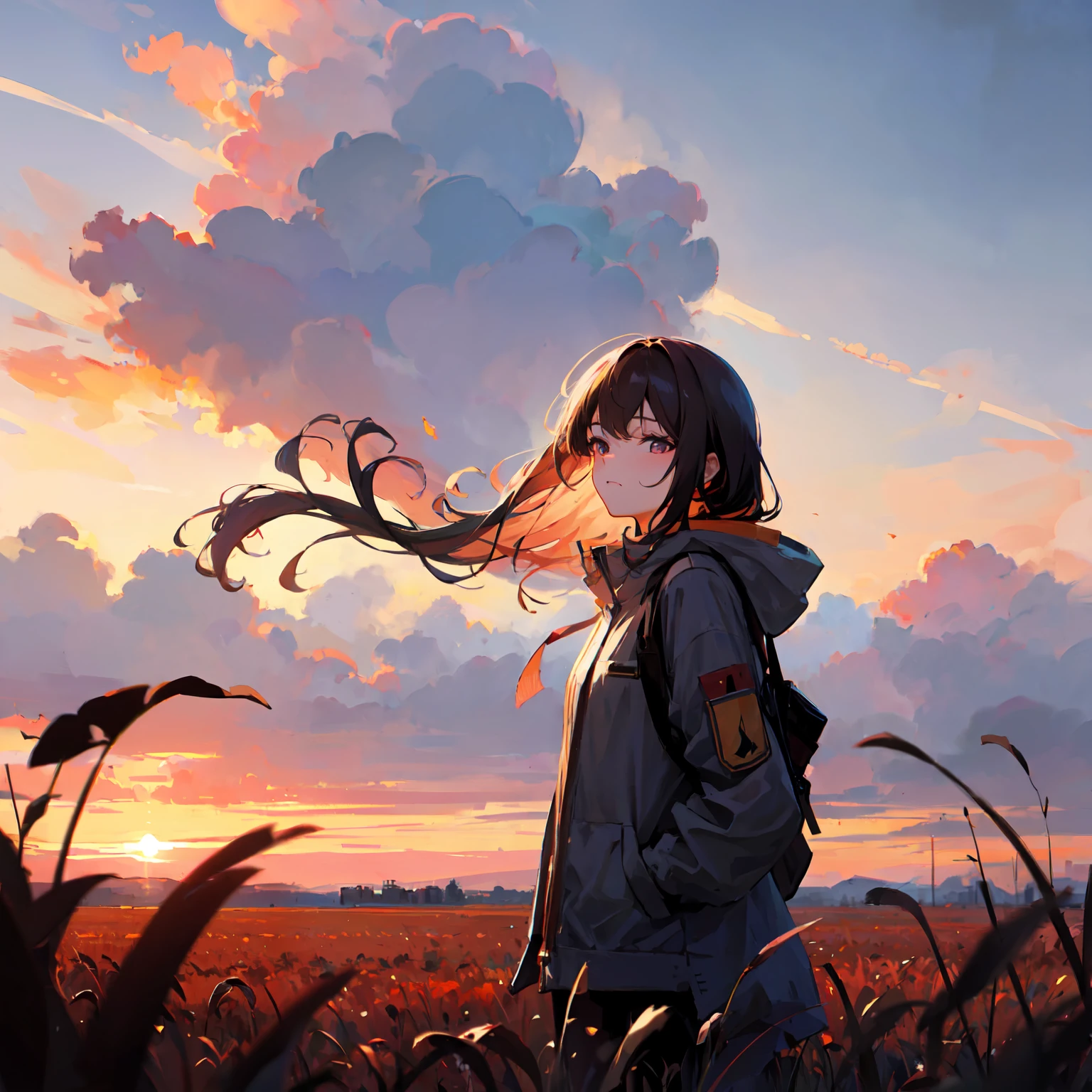 Mädchen steht im Feld, closeup, Porträt, Wolken, Sonnenaufgang