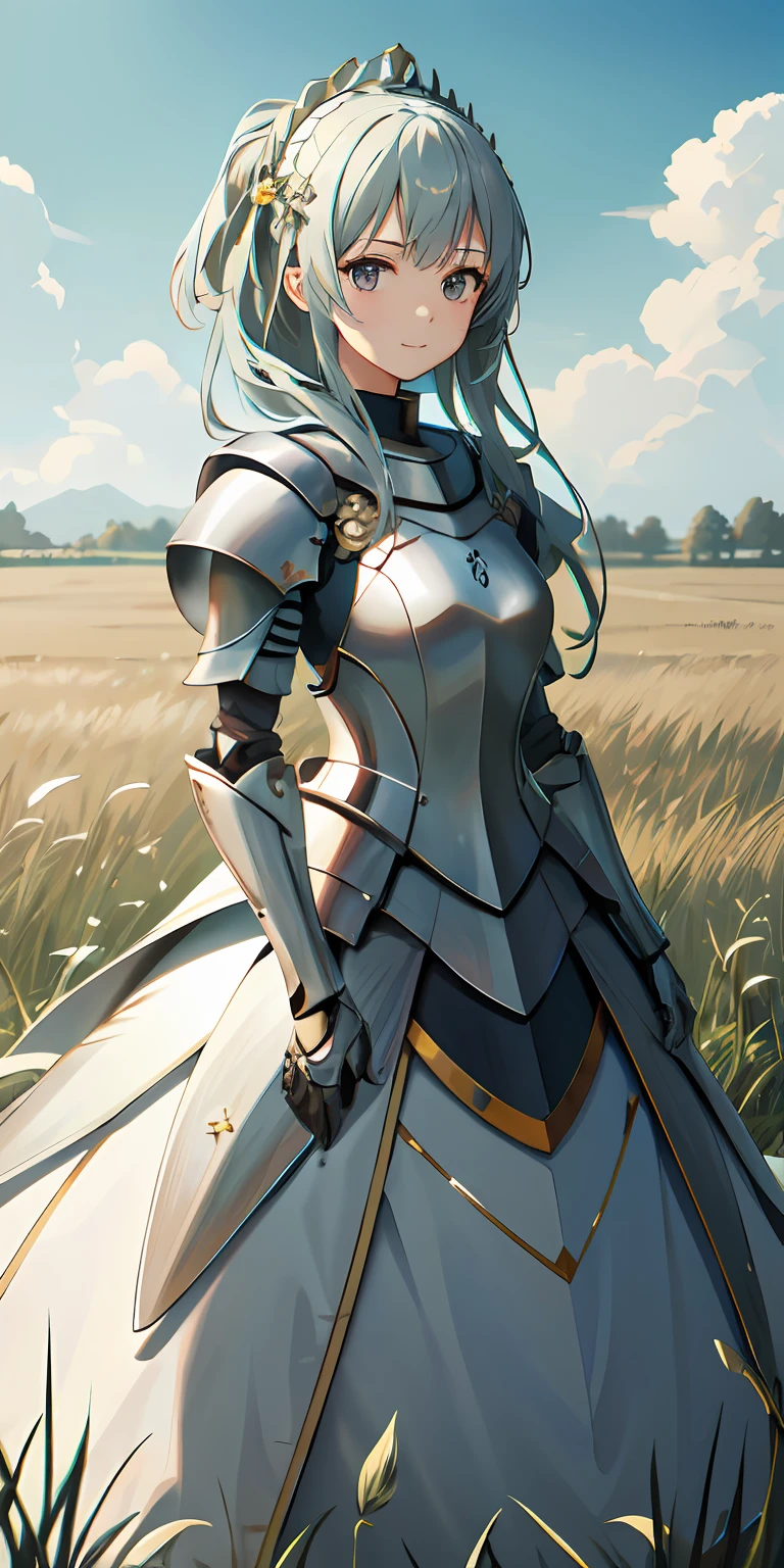 grassy fields， A high resolution, (Masterpiece:1.4), A highly detailed, 1girll, By the back, space, sitted, King Knight Armor, Sharp focus, (Cinematic lighting), (1girll), Slight smile，The 5 fingers of each hand are super detailed，