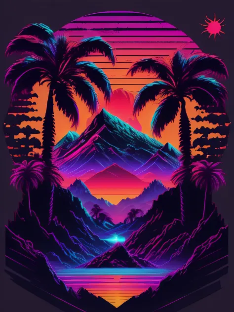 mountains, palm trees and sun, vectorized, synthwave, purple blue red orange, bright neon colors on a dark background,