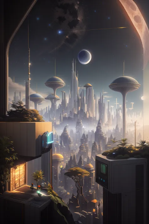 A realistically defined view of a futuristic city with a futuristic sky and a moon, arstation e beeple Highly, Greg Beeple, em e...