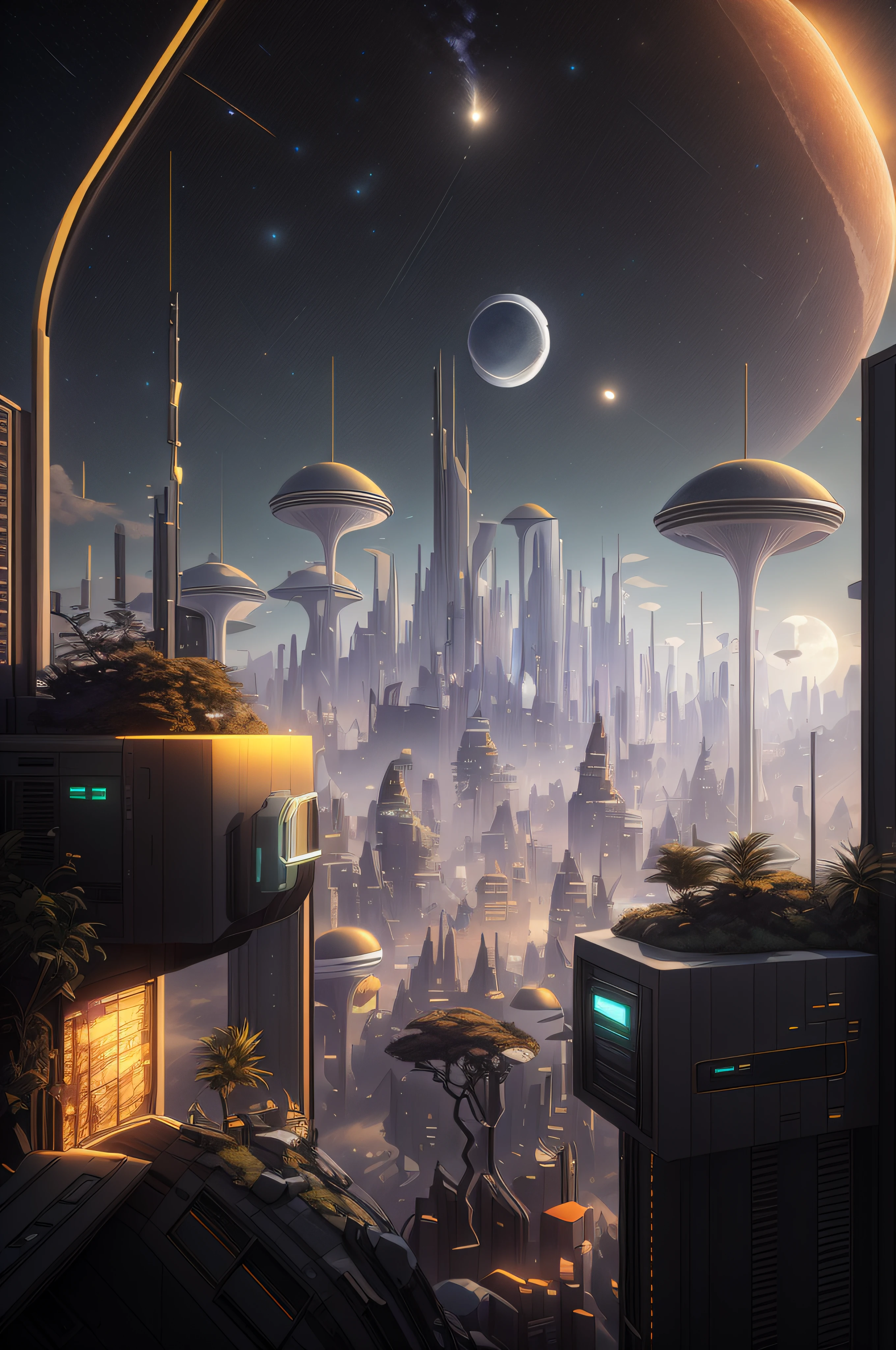 A realistically defined view of a futuristic city with a futuristic sky and a moon, arstation e beeple Highly, Greg Beeple, em estilo de beeple, Artem Demura Beeple, Beeple Daily Art, Beeple artwork, Beeple Art, Beeple e Tim Hildebrandt