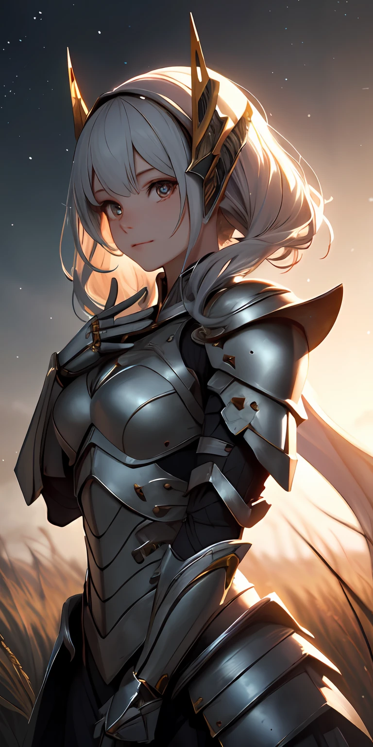 grassy fields， A high resolution, (Masterpiece:1.4), A highly detailed, 1girll, From above, space,are standing, King Knight Armor, Sharp focus, (Cinematic lighting), (1girll), Slight smile，The 5 fingers of each hand are super detailed，