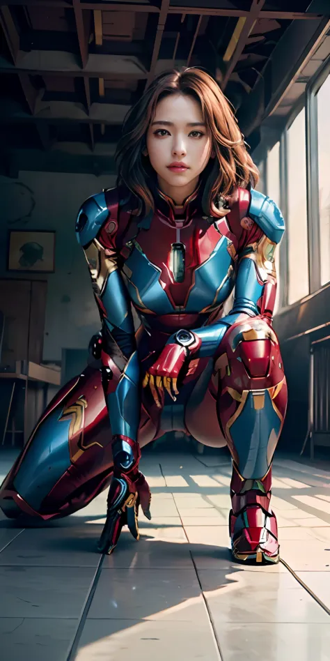 RAW, masterpiece, ultra fine photography,, best quality, ultra high definition, photorealistic, sunlight, full body portrait, stunningly beautiful, combat pose, delicate face, brilliant eyes, (front view,full body), she wears futuristic Iron Man mech, blue...