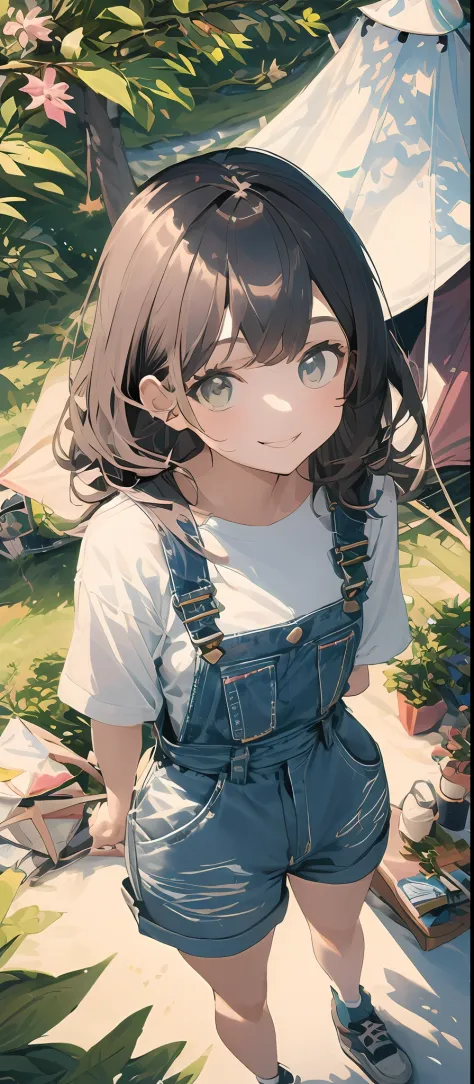 (​masterpiece、top-quality),From  above, 1girl in, 独奏, camp、overall、Denim Overalls、white  shirt、Tent on background、The tree、frond...