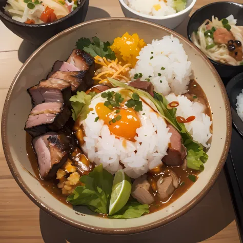 best quality, masterpiece, 1other, solo, japanese food, pork donburi, simple background