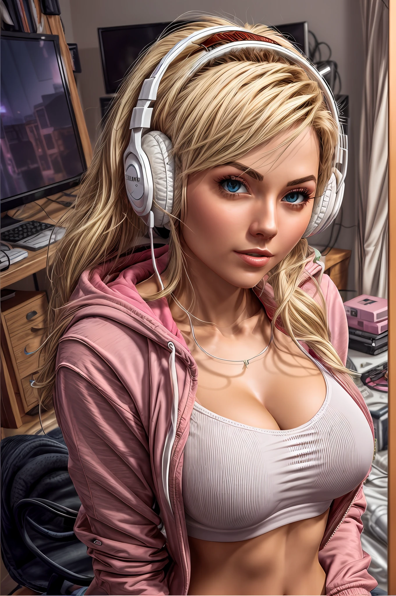 blonde gamer girl leaning into the camera, photo from front above, red hoodie, large white gamer headphones, medium breasts, skintight white top:1.2, cleavage, pink bra:1.2, looking at viewer, soft colors, cinematic lighting, perfect anatomy:1.2, round breasts:1.2, well-organized, neat:1.2, perfect proportions,