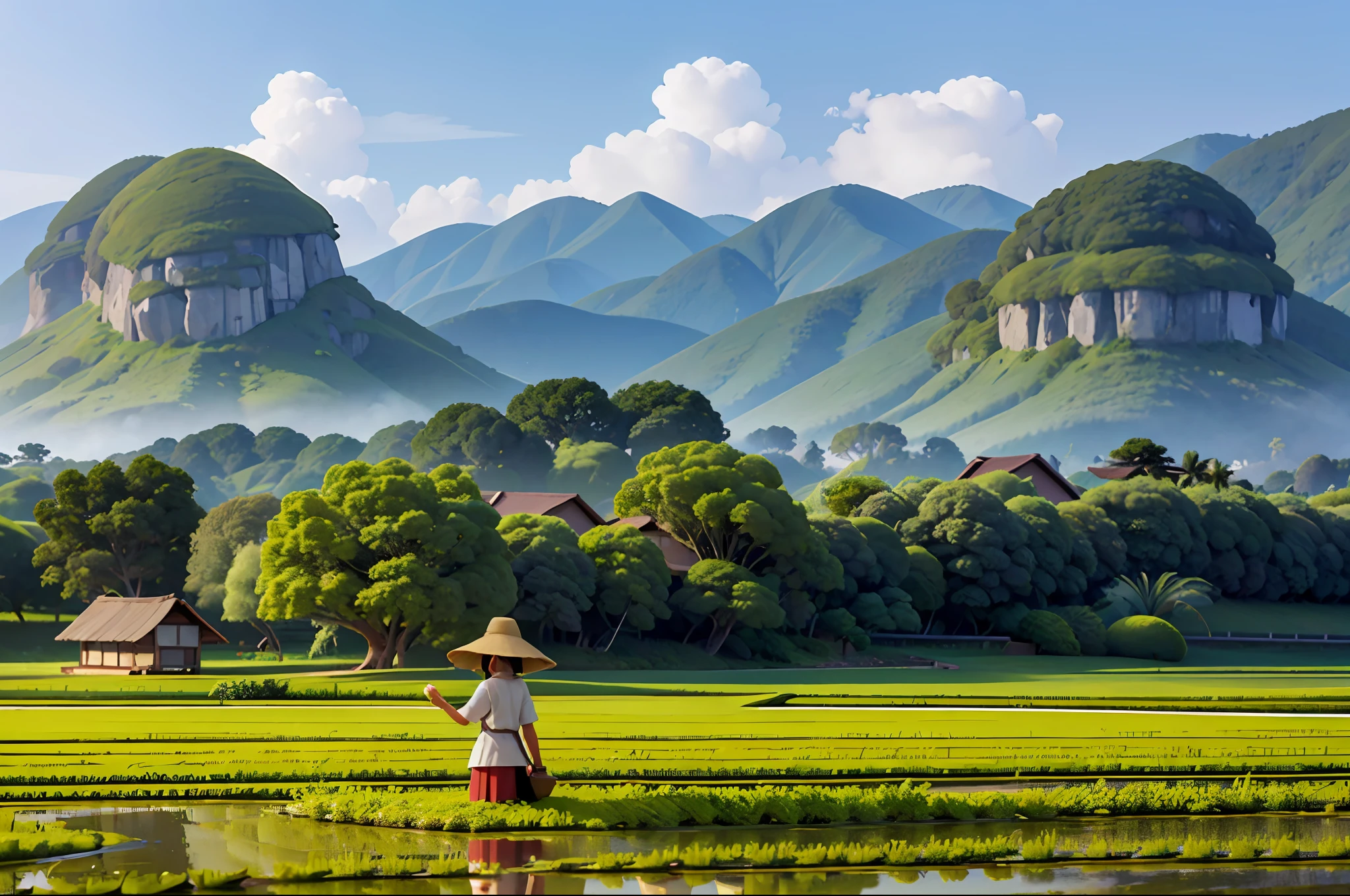 masterpiece, best quality, 1woman, Indonesia, rice field,