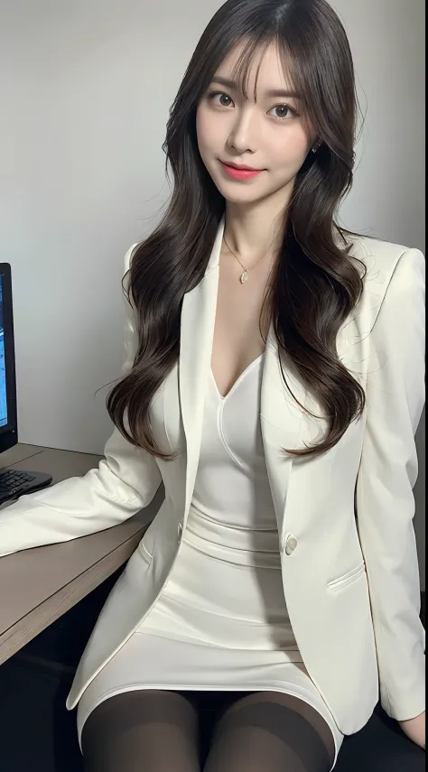 Elegant woman in white business suit,  (beauty legs、thighs thighs thighs thighs、Black pantyhose)、Sitting at a desk、Wearing a strict white business suit, luxurious suit, Girl in a suit, Girl in suit, in a strict suit, elegant suit, ekaterina, in a business ...