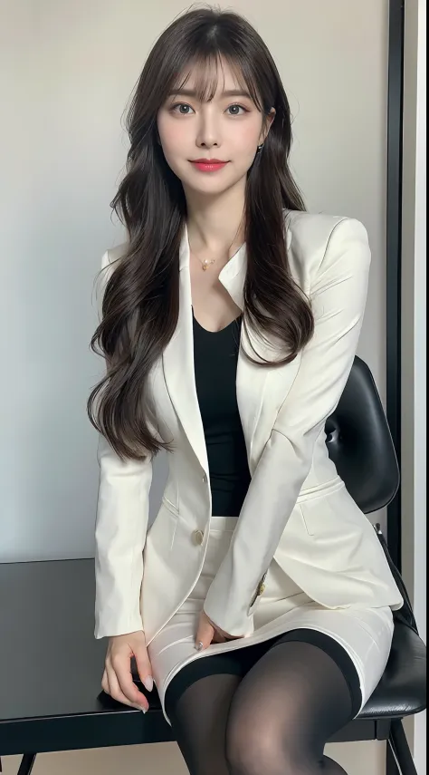 Elegant woman in white business suit,  (beauty legs、thighs thighs thighs thighs、Black pantyhose)、Sitting at a desk、Wearing a strict white business suit, luxurious suit, Girl in a suit, Girl in suit, in a strict suit, elegant suit, ekaterina, in a business ...