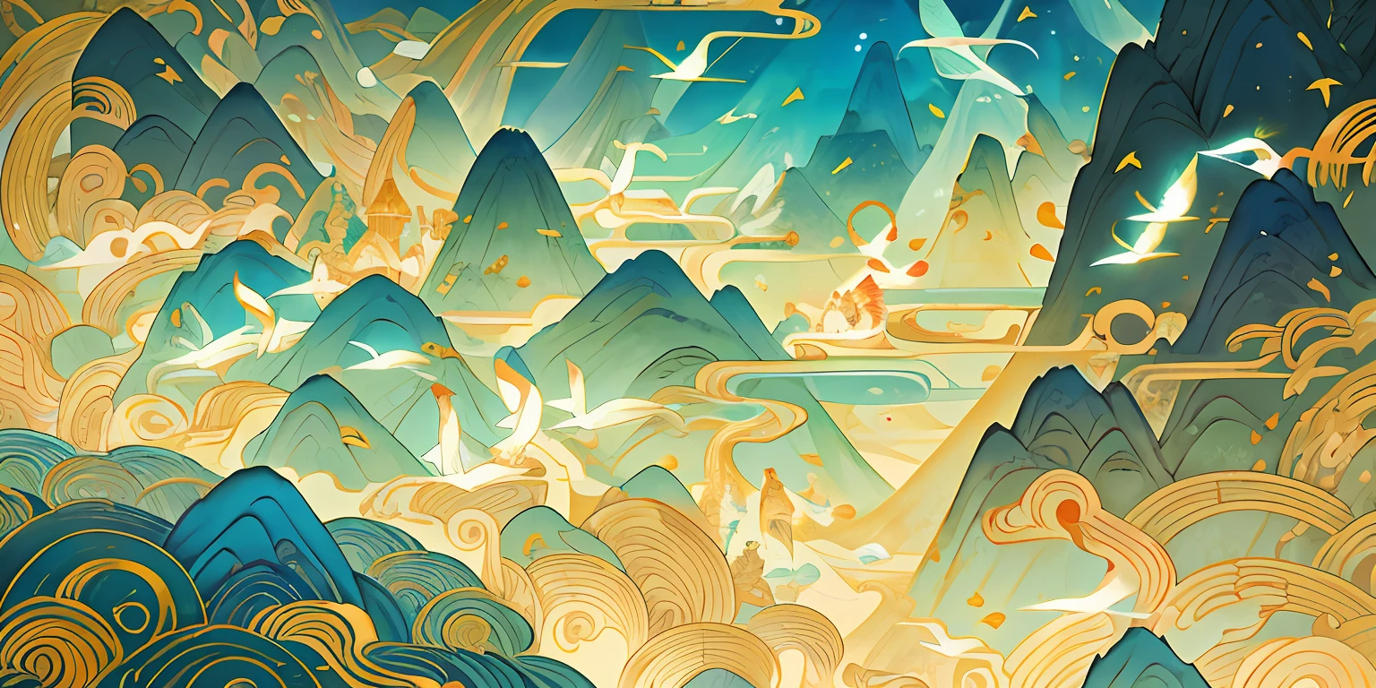 an image of an asian landscape with mountains and birds in the air, in the style of fantastical otherworldly visions, light cyan and gold, intricately mapped worlds, hyperrealistic illustrations, romanticized cityscapes, detailed character illustrations, organic shapes and curved lines, --v6