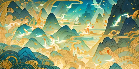 an image of an asian landscape with mountains and birds in the air, in the style of fantastical otherworldly visions, light cyan...
