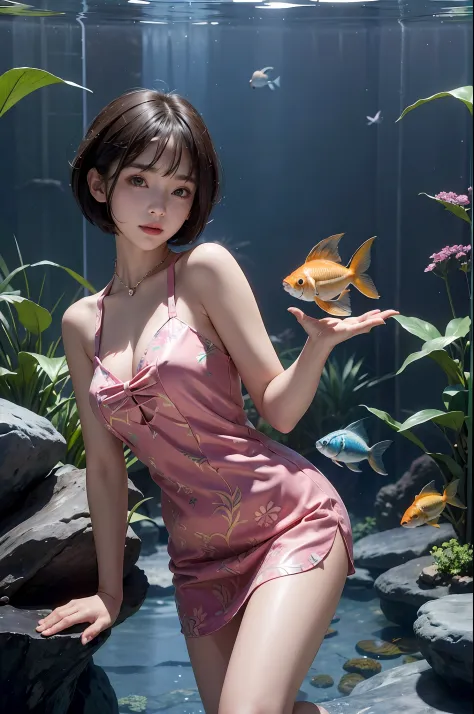 a 20 yo woman)))、((aquariums))、​masterpiece, 1 beautiful girls,  (((very_Short_hair))), Eye details, Swollen eyes - SeaArt AI