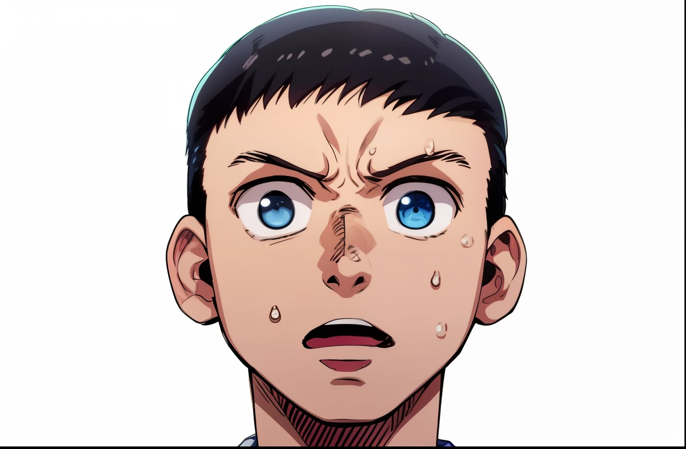 Un anime de un hombre de cerca, boca abierta, Cabello de corte césar, blue eyes, cabello corto, boca abierta, conmocionado, sudor, sudordrop, color de pelo negro, manga de texto, color manga, manga color, color manga, color manga panel, fondo sencillo, un fondo blanco