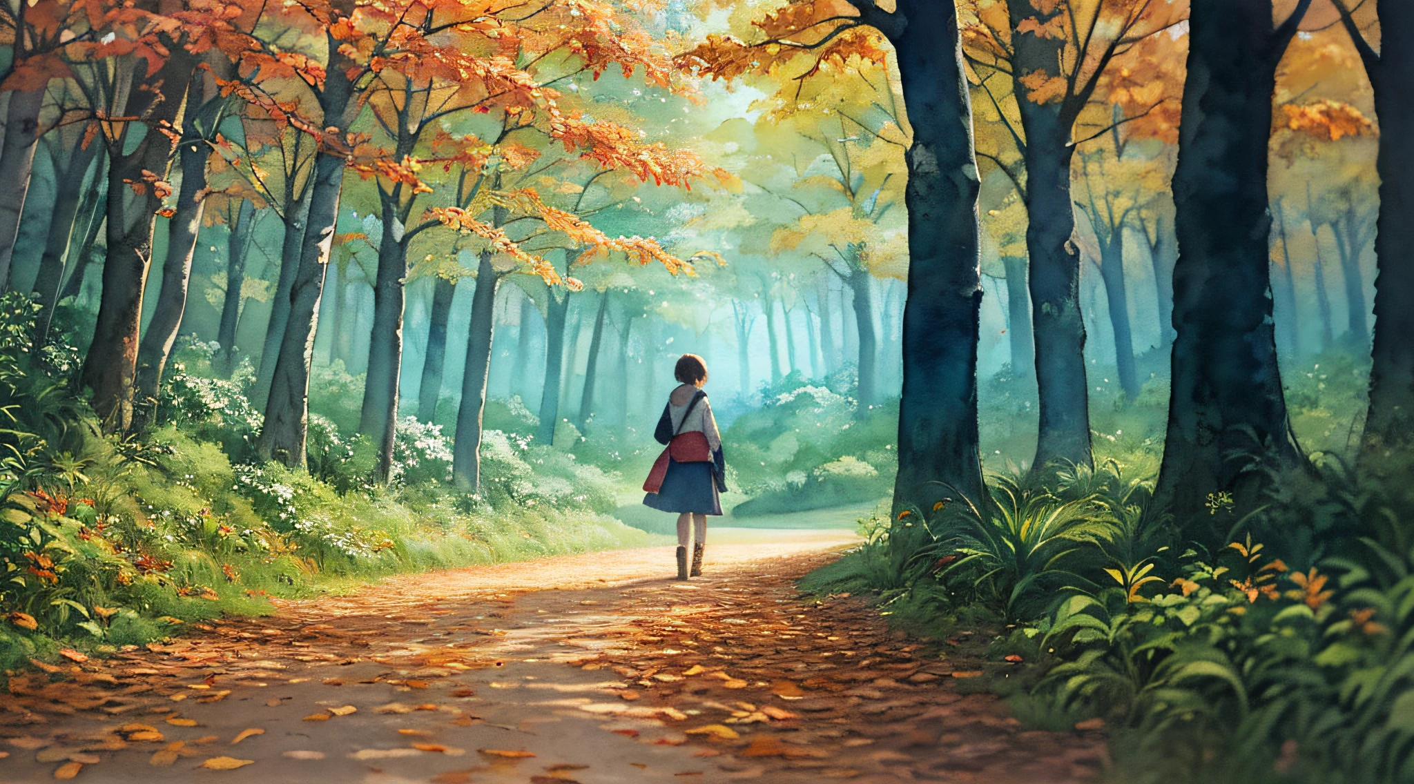 forêt, nature, (nuit: 1.2), ((éclairage naturel)), concentration claire, (Tir lointain: 1.1), (aquarelle: 1.2), Peinture, (automne: 1.2), Studio Ghibli