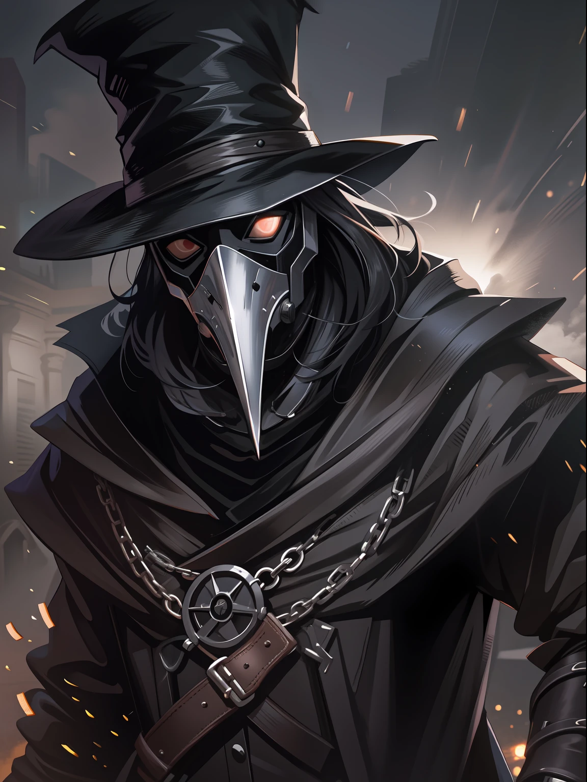 Desenho do jogo, Bubonic Plague Doctor Wearing Mask, Dark Gothic, expression serious, intensidade de close-up, master part, best quality, ultra-detalhado, Beautiful cinematic lighting, detalhes intrincados, Olhando para o Viewer, Profundidade de campo-AR 2:3-s 200