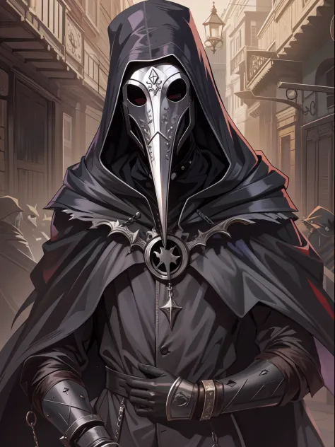 Desenho do jogo, Bubonic Plague Doctor Wearing Mask, Dark Gothic, expression serious, intensidade de close-up, master part, best...