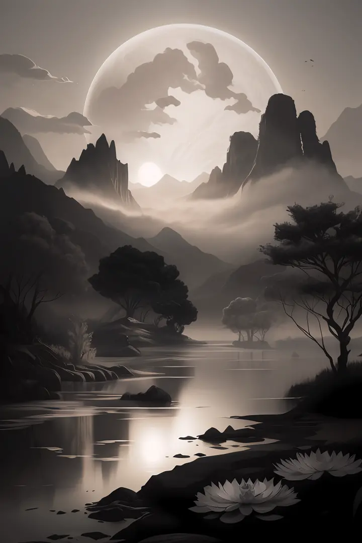 There is a black and white painting of mountain views, matte digital painting, ethereal landscape, Illustration matte painting, detailed matte fantasy painting, fantasy digital painting, Fantasy landscape painting, Matte fantasy painting, Digital fantasy p...