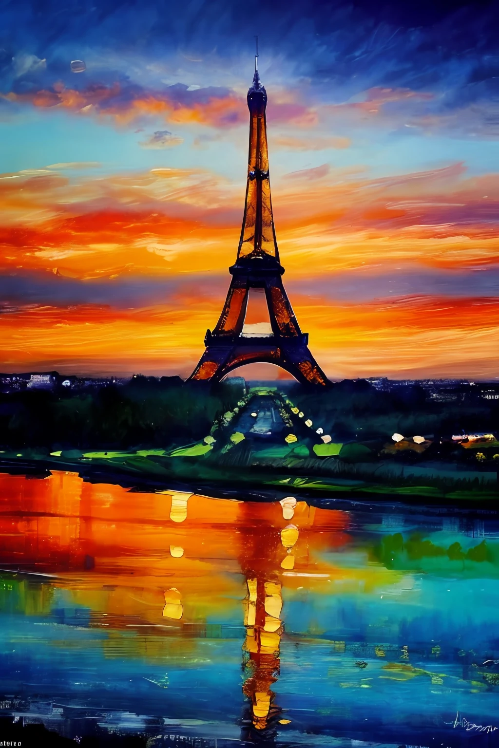 Peinture à l&#39;huile de la Tour Eiffel, très détaillé, meilleure qualité, 8k,style de séance photo, éclairage dramatique, règle des tiers