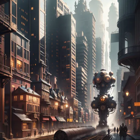 (best quality, masterpiece) hyper mega metropolis with humanoids on the street, (Victorian architecture+advanced technology), st...