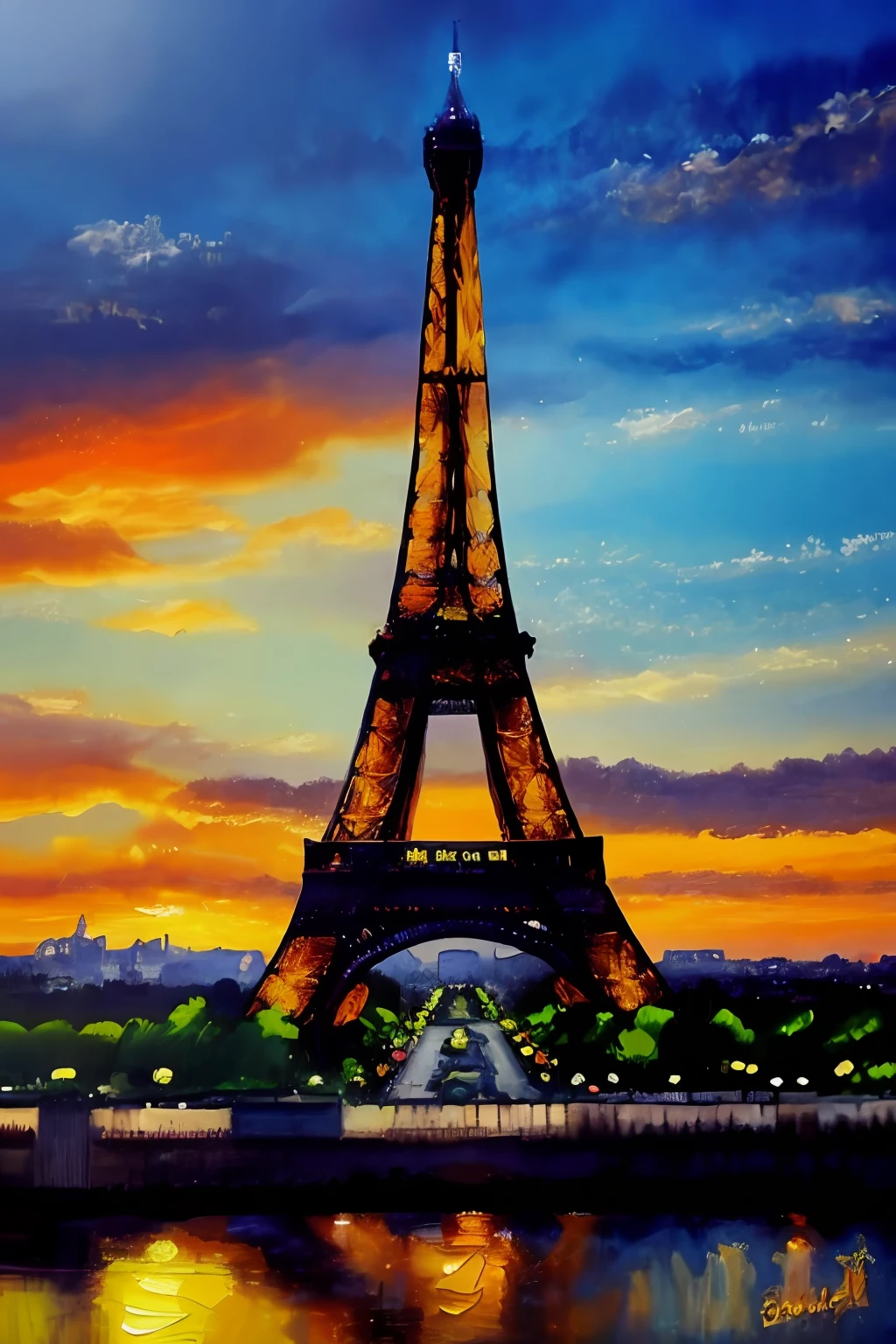 Pintura a óleo da Torre Eiffel, altamente detalhado, melhor qualidade, 8K,estilo de sessão de modelo, iluminação dramática, regra do terceiro