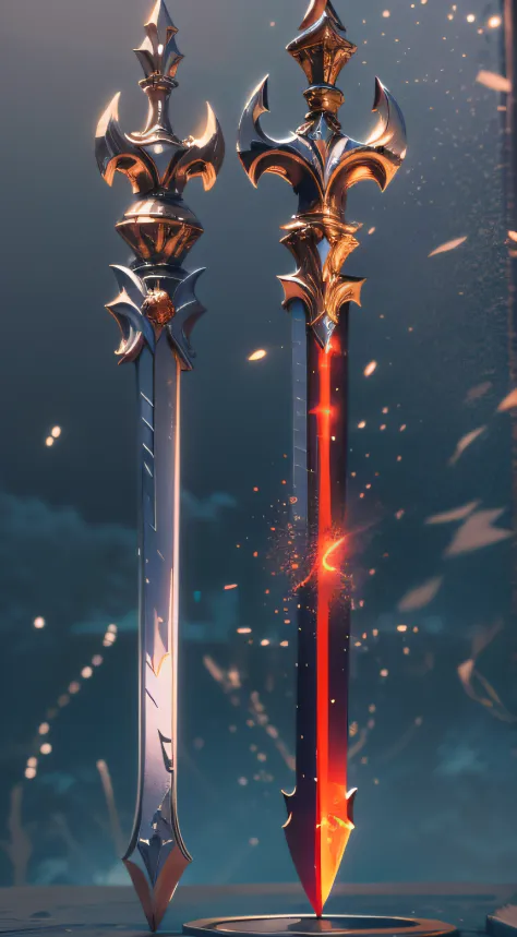 Excalibur，The body of the sword is wrapped with red and blue particle effects，Edge，Delicate sword hilt，Sharp sword body，（The sword body is symmetrically ornamented：1.3），The tip of the dangling sword is downward，（Excalibur's entire body is centered：1.3），Mid...