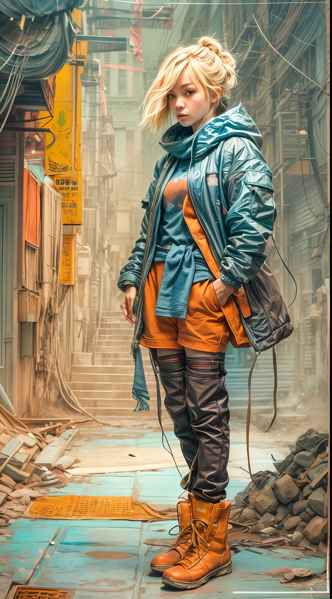 1 девушка-воин-монах в сине-оранжевой одежде из технической одежды, короткие светлые волосы, Шнурки, Винтажный научно-фантастический фон Аннотация, искусство Мебиуса, Искусство Эшли Вуд