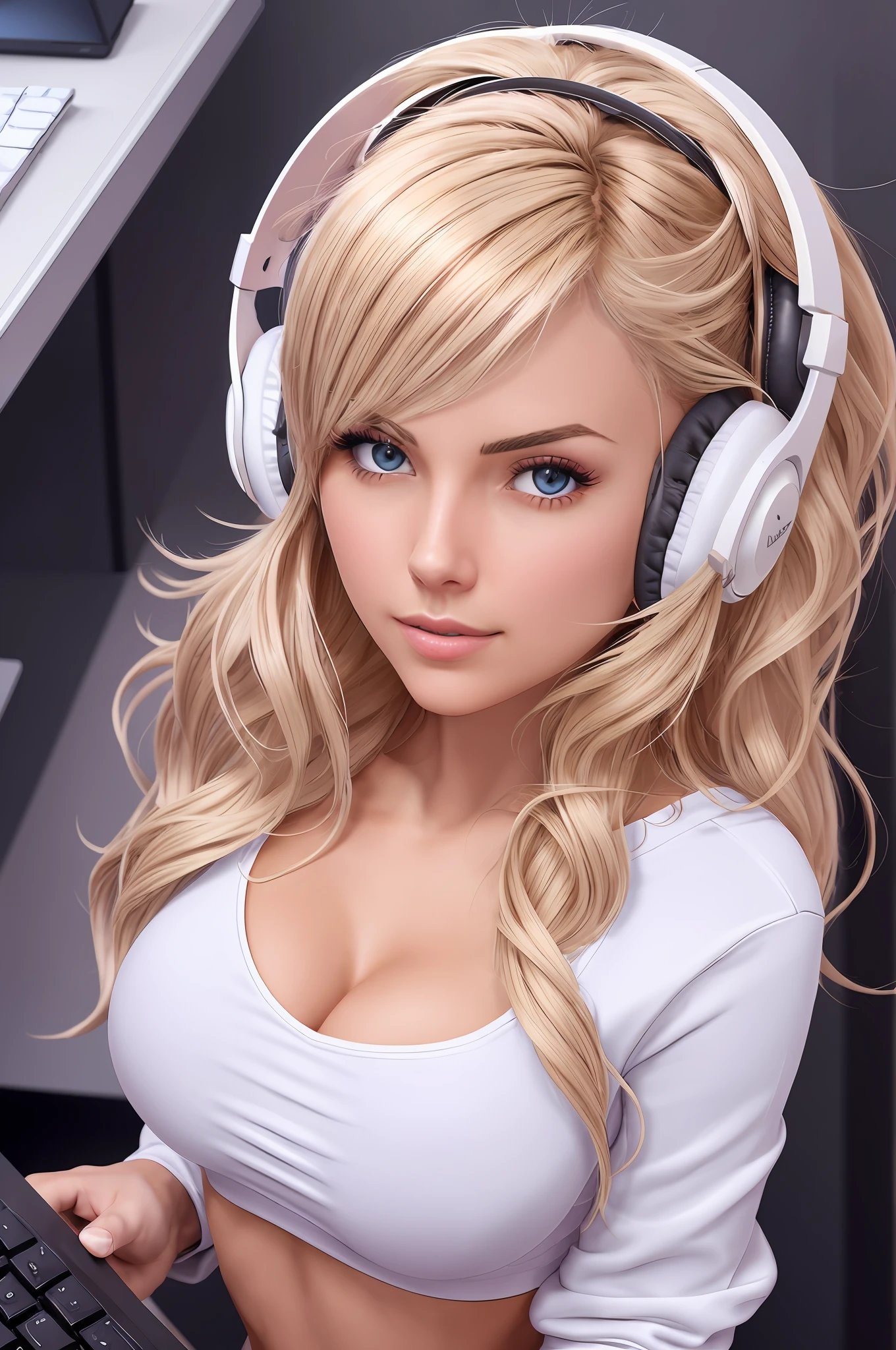 blonde gamer girl leaning into the camera, photo from front above, red hoodie, large white gamer headphones, medium breasts, skintight white top:1.2, cleavage, pink bra:1.2, looking at viewer, soft colors, cinematic lighting, perfect anatomy:1.2, round breasts:1.2, well-organized, neat:1.2, perfect proportions,