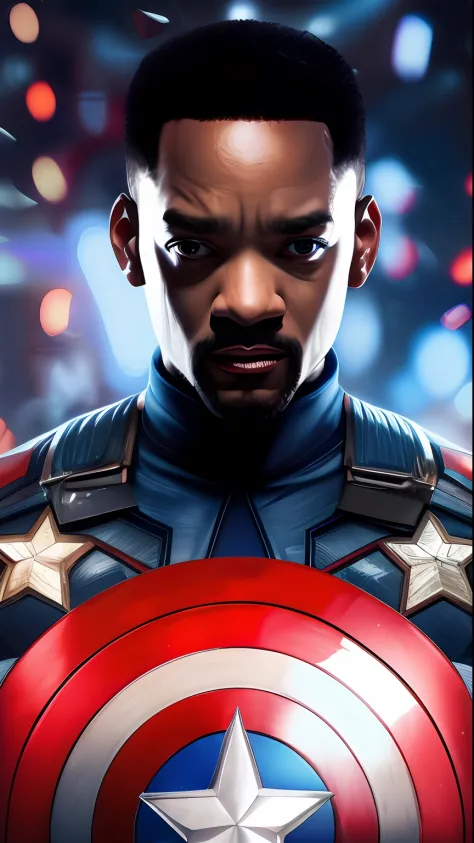 . . Tarantino style Will Smith as Captain America 8k, HD, face detail, face detail, eye detail, suit detail, Marvel and DC style, ultra-realistic, + cinema lens + dynamic composition, incredible detail, sharpening, detail + superb detail + night of lights ...