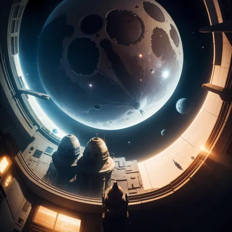 Look through a huge window at a gigantic moon, a winged planet the size of the one on which the base stands, and spaceships departing from a port space.