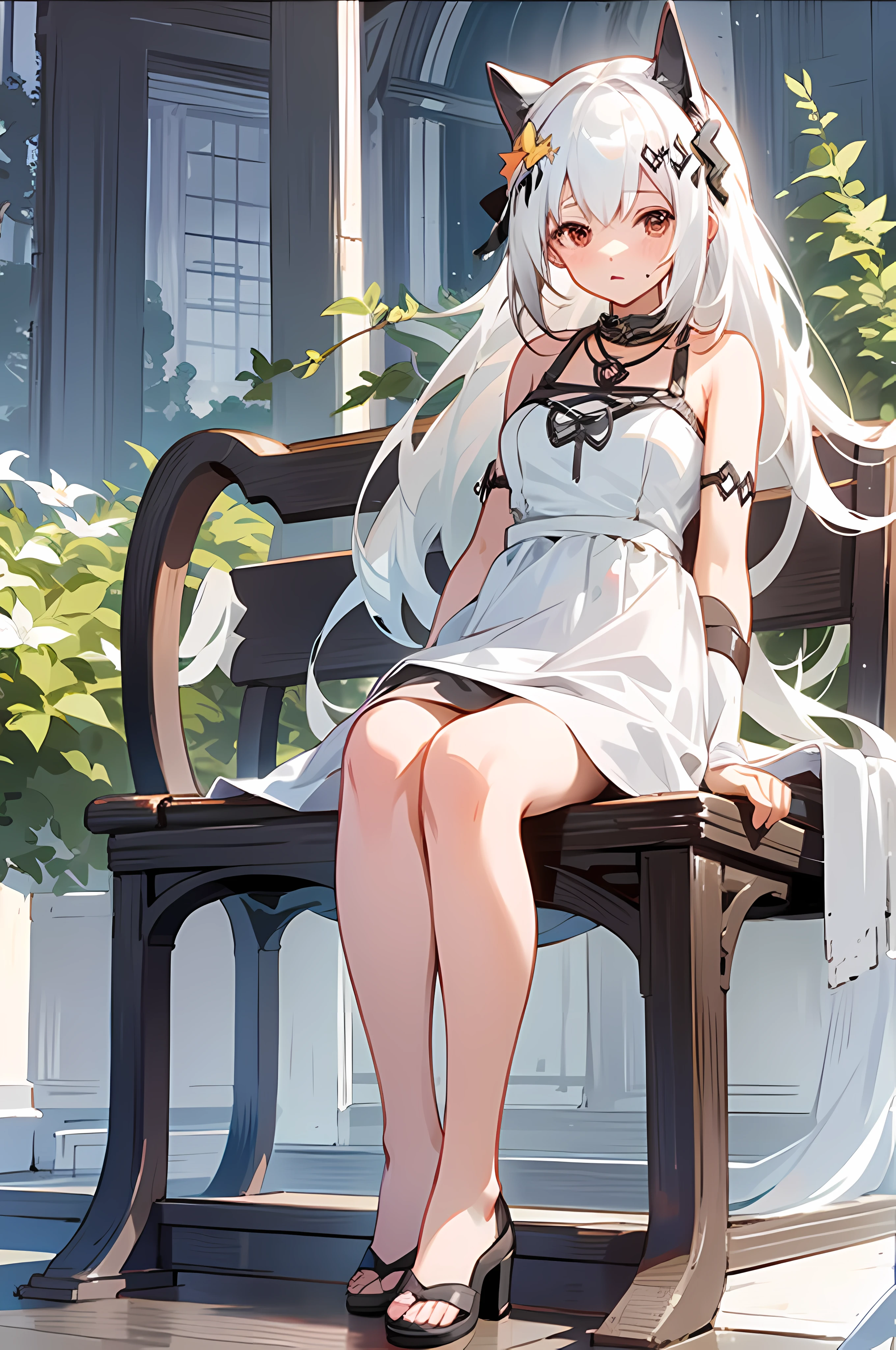 For the Stable Diffusion model，Here's what you've optimized for the Prompt you provide：

"Anime girl sitting on bench，Wears cute cat ears，Wearing a white dress，Silvery hair，Loli-style clothes，The perfect maiden with white Guvez hair，white haired Cangcang，Flowing white hair，Guvitz's work at Pisif Art Station，The image of a beautiful girl who pays attention to the details of her gray hair。"