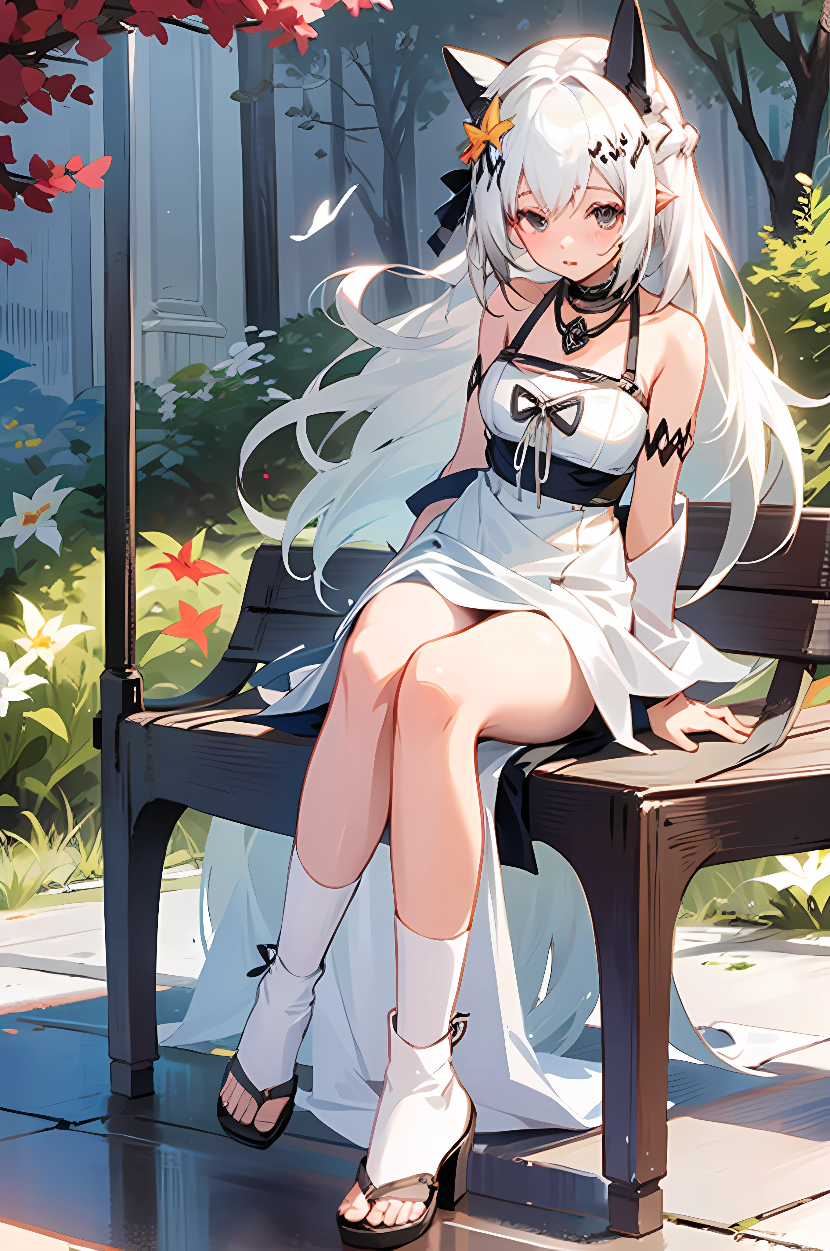 For the Stable Diffusion model，Here's what you've optimized for the Prompt you provide：

"Anime girl sitting on bench，Wears cute cat ears，Wearing a white dress，Silvery hair，Loli-style clothes，The perfect maiden with white Guvez hair，white haired Cangcang，Flowing white hair，Guvitz's work at Pisif Art Station，The image of a beautiful girl who pays attention to the details of her gray hair。"