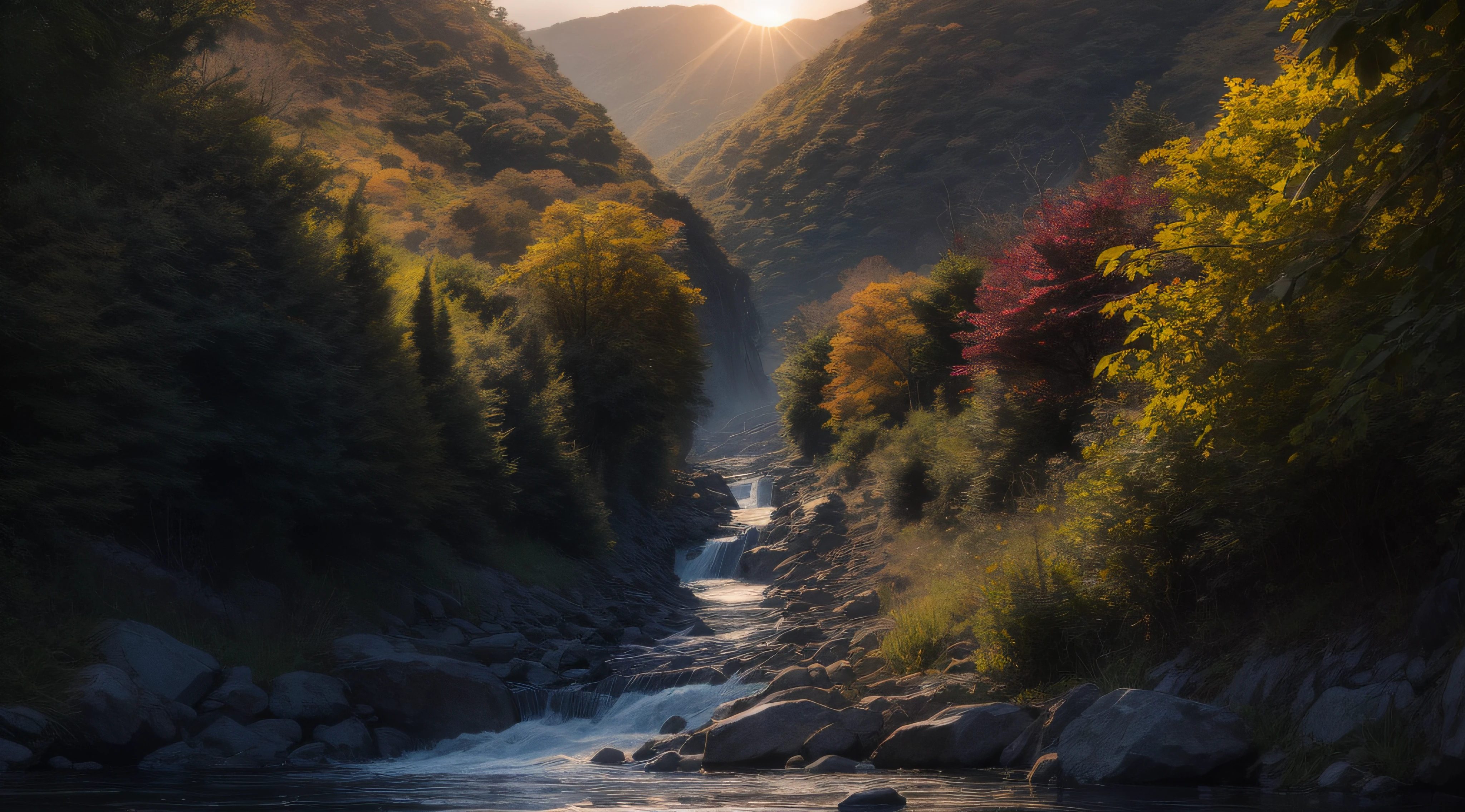 Picos enormes，Estalos，Luz forte，O pôr-do-sol，Entre vales，cenas da natureza，Água fina flui por muito tempo，Rios pequenos，a floresta tropical，precipício，cachoeira，tufão，raios de sol，choveu，outono，folhas amarelas，Criaturas，Águias voam no céu，Fujiman，cenário，fotografia de，Ultra foto realsisim，plano amplo, de baixo, ponto de fuga, Ângulo amplo, Ângulo ultra-amplo, Sony FE GM，Uma alta resolução，ultra-detalhado，texturas fiéis à realidade，Texturas ousadas，Texturas malucas,